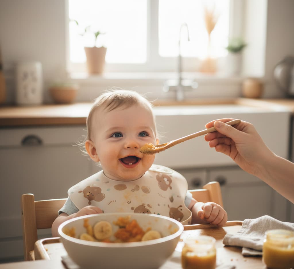 ein glückliches Baby welches mit Beikost gefüttert wird