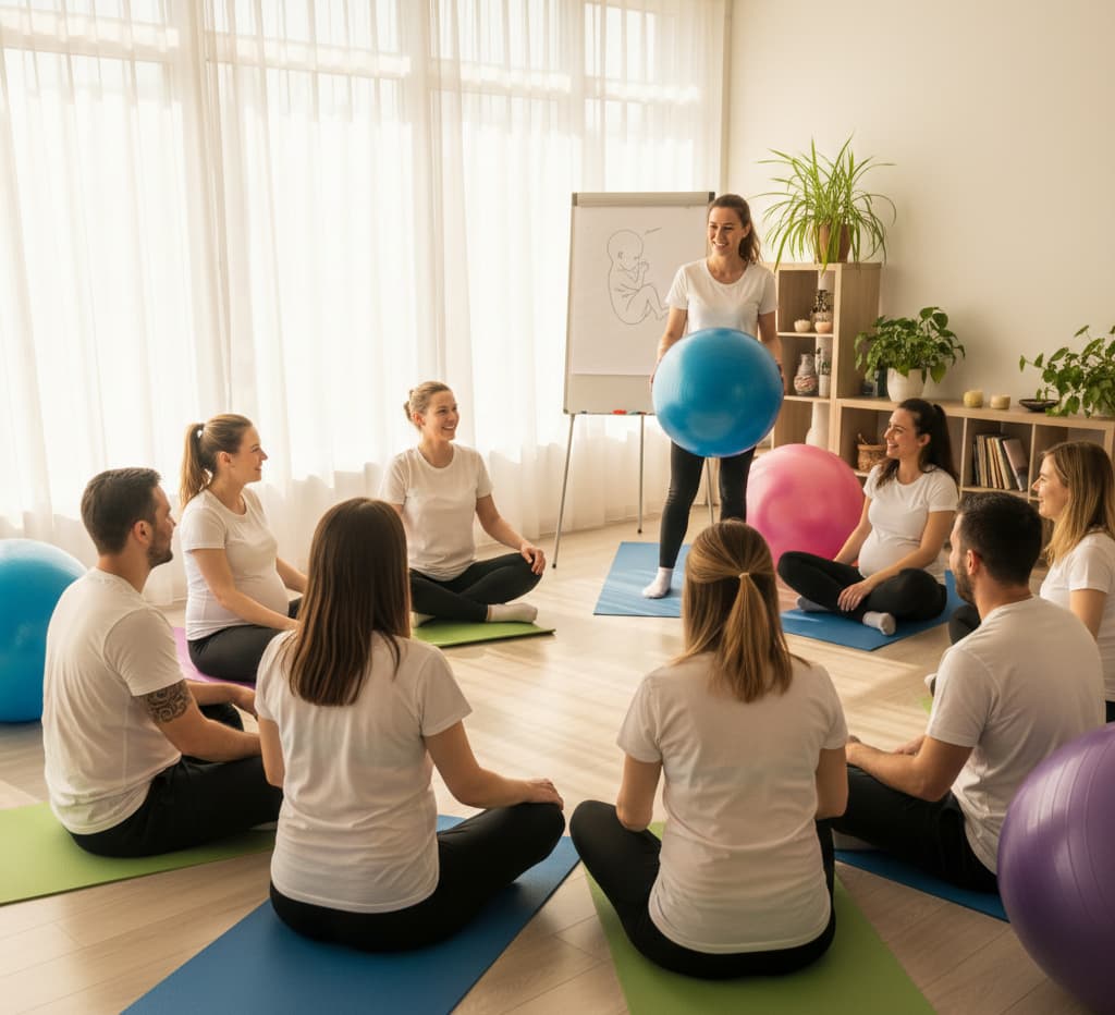 Eine Gruppe von Menschen in einem Geburtsvorbereitungskurs