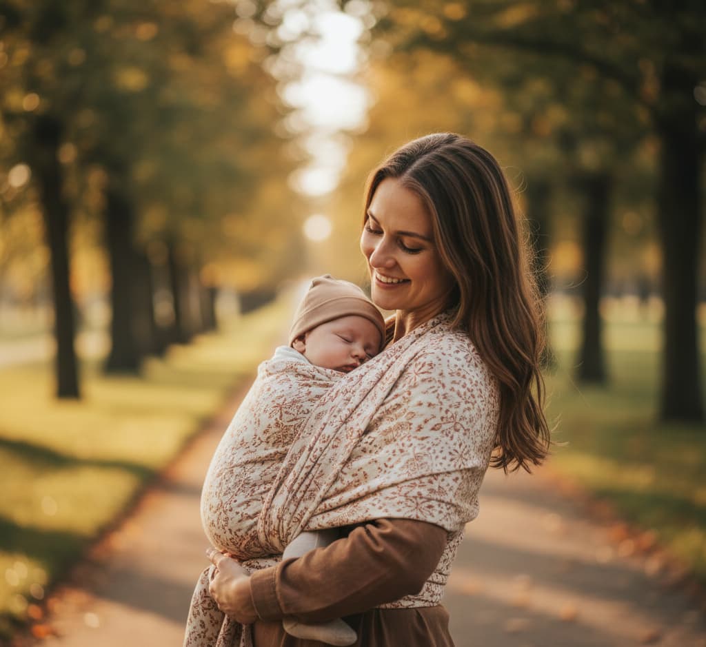 eine glückliche Frau mit ihrem Baby in der Trage